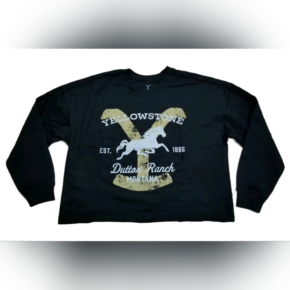 Women's Yellowstone Dutton Ranch Montana Cropped Black Sweatshirt Shirt XL Horse